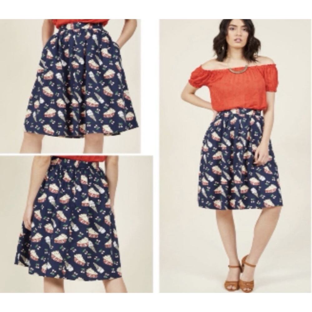 Modcloth Sweet Spot Skirt Plus Size 2X Blue Cherry Pie & Ice Cream Print Pockets